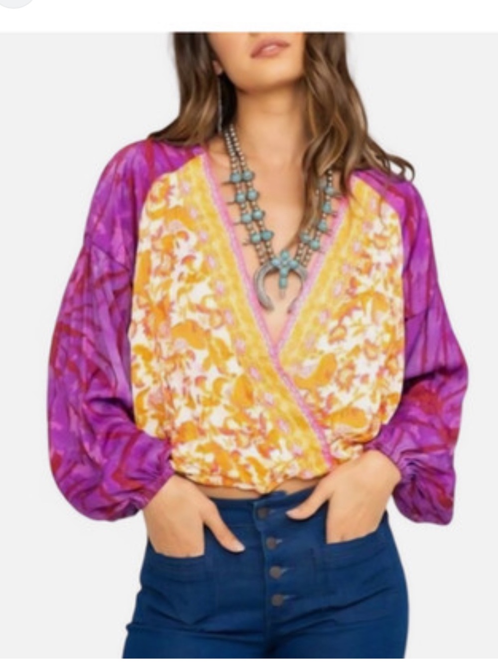 Free People Cruisin Together Royal Purple and Yellow Floral Boho Crop Blouse